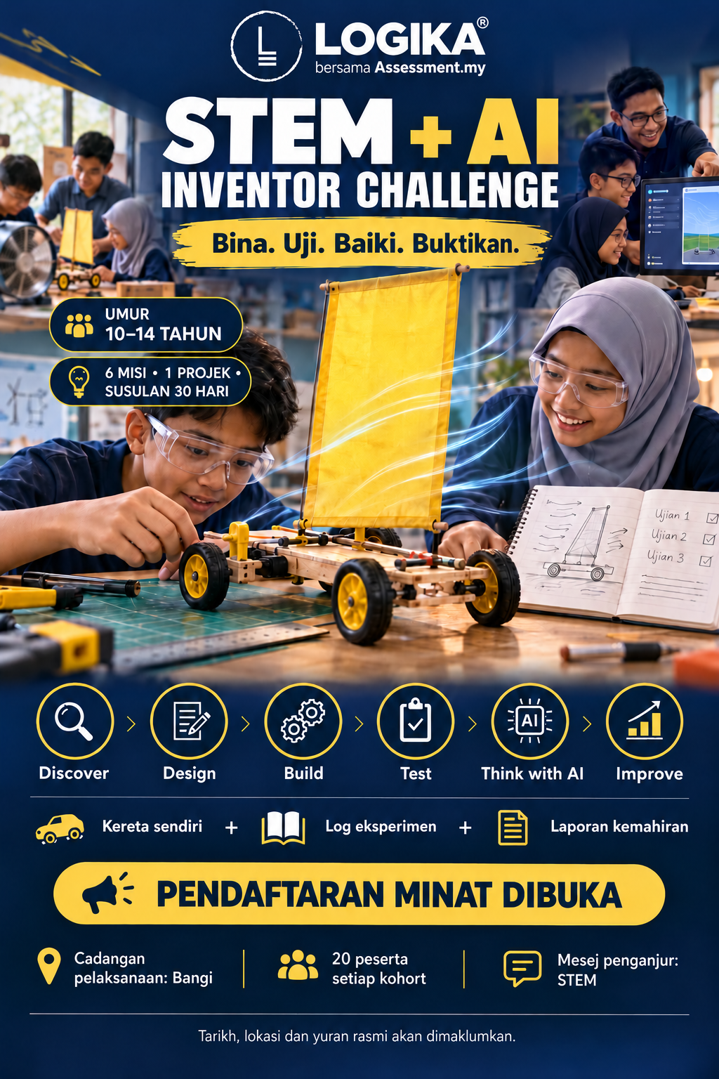 Poster STEM + AI Inventor Challenge LOGIKA dengan projek kereta mini